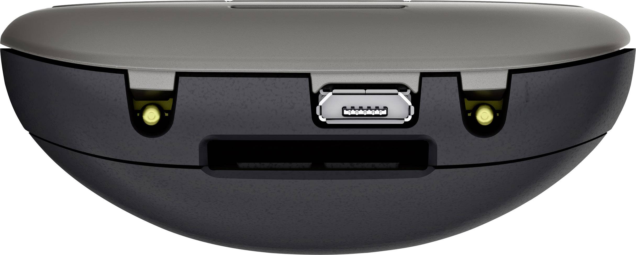 La figure montre la face inférieure d'un appareil avec un port micro-USB au centre et deux capteurs de chaque côté.