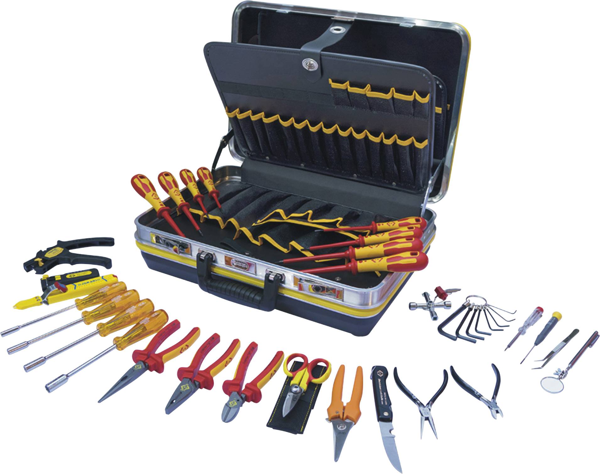Une boîte à outils ouverte contenant divers outils manuels, dont des tournevis, des pinces et des outils de coupe, posée sur une table.