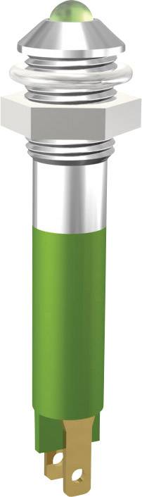 Un voyant LED vert dans un support métallique, vu de côté, avec un point de connexion visible en bas.