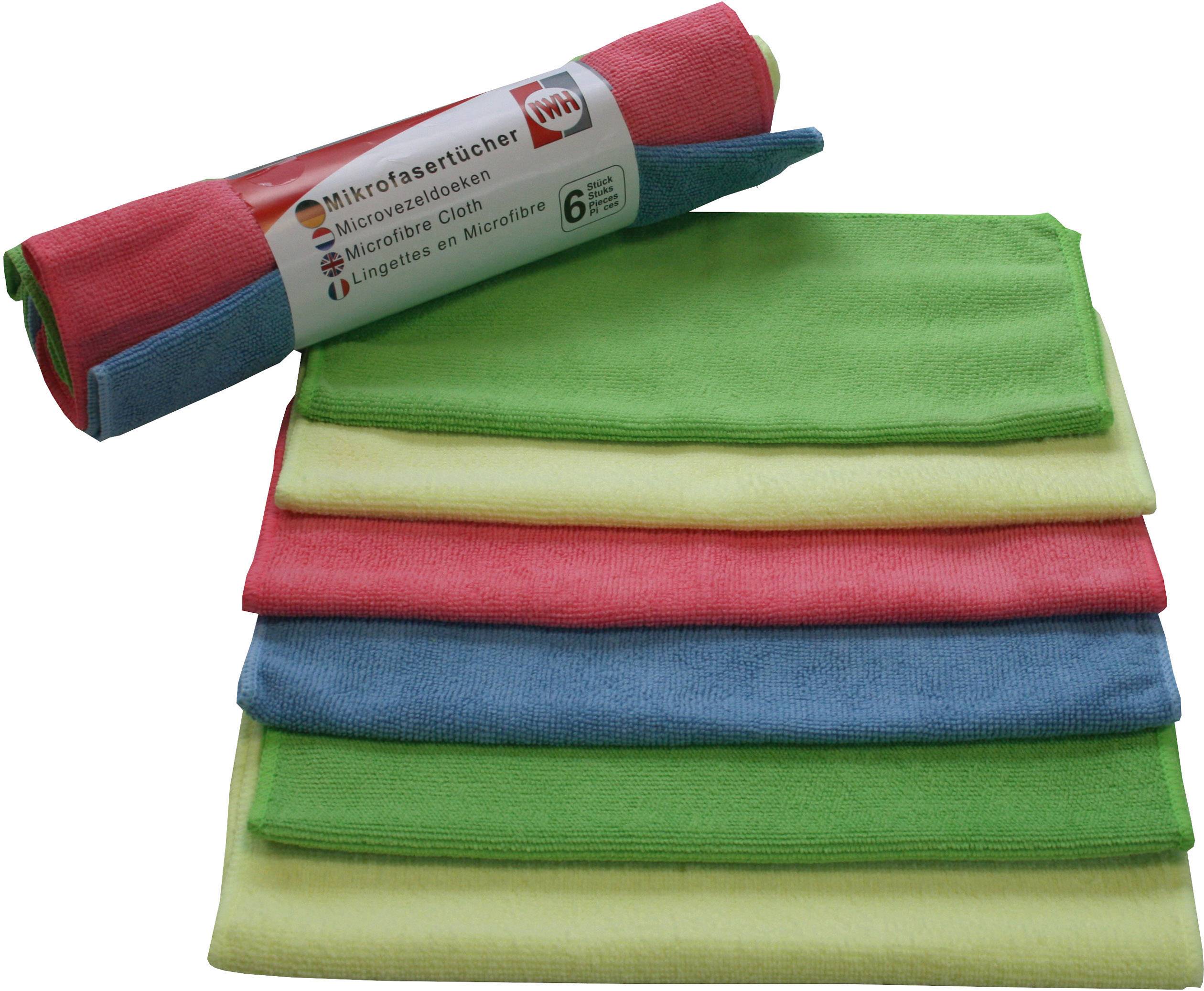 Un lot de six lingettes de nettoyage en microfibre de différentes couleurs, empilées et enroulées, pour un nettoyage efficace.