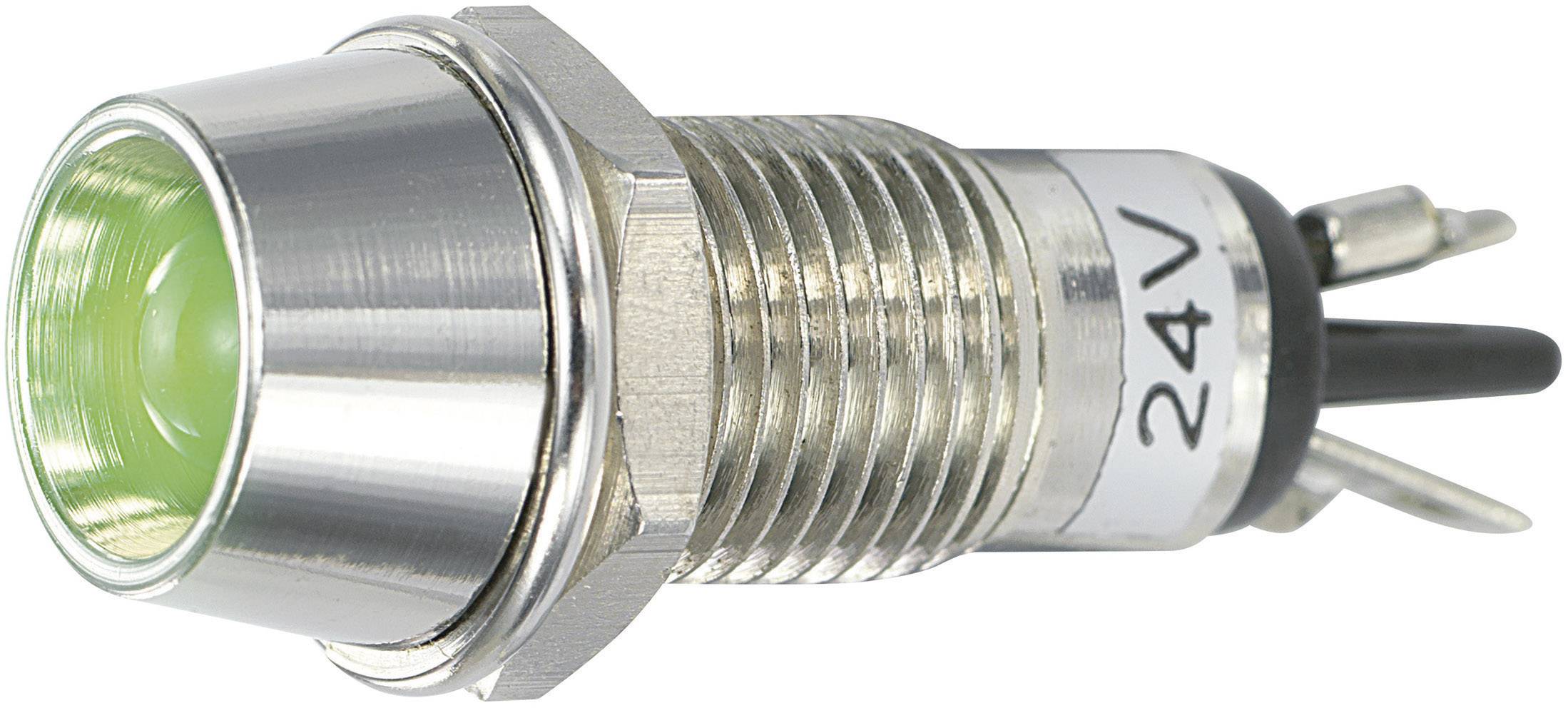 Indicateur LED métallique avec lumière verte et marquage 24V. Adapté aux applications électroniques d'indication de statut.