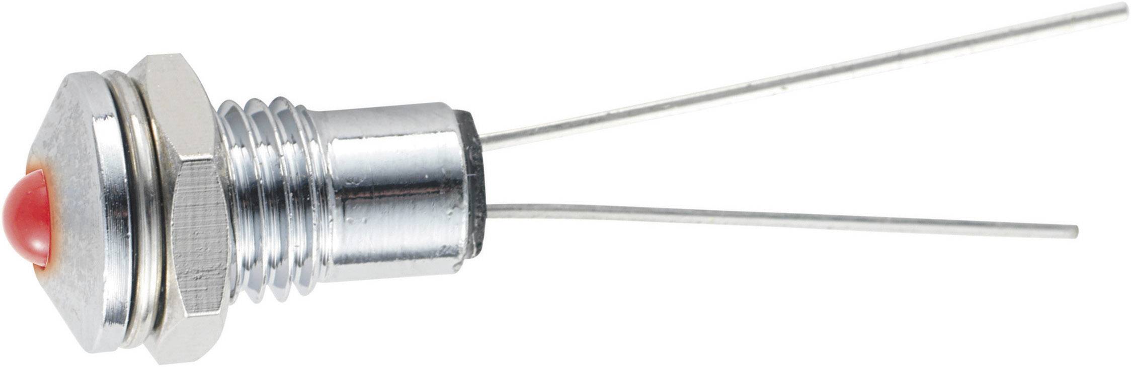 Un support de diode LED rouge avec deux broches métalliques pour la connexion. Le support est équipé d'un écrou hexagonal pour la fixation sur des surfaces.