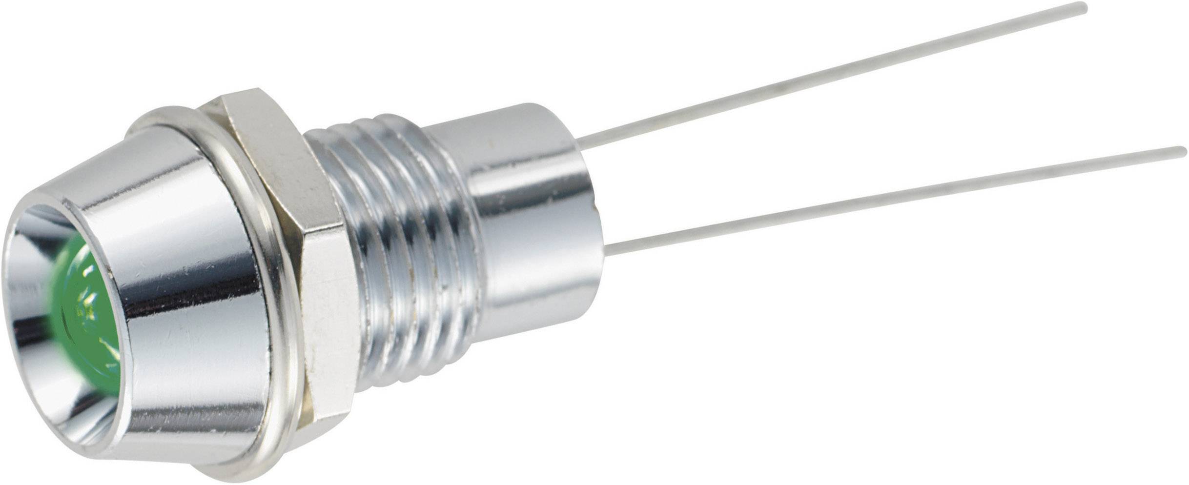 Un indicateur LED vert avec boîtier métallique et deux fils de connexion. Adapté pour les applications électroniques d'indication de statut.