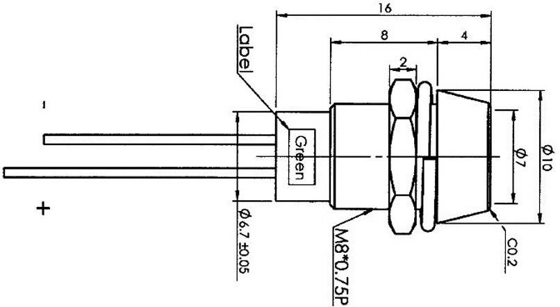 Schéma d'un LED avec dimensions techniques : Diamètre 10 mm, Longueur 16 mm, Filetage M8x0,75P, étiquette colorée 'Vert', distances des broches indiquées.