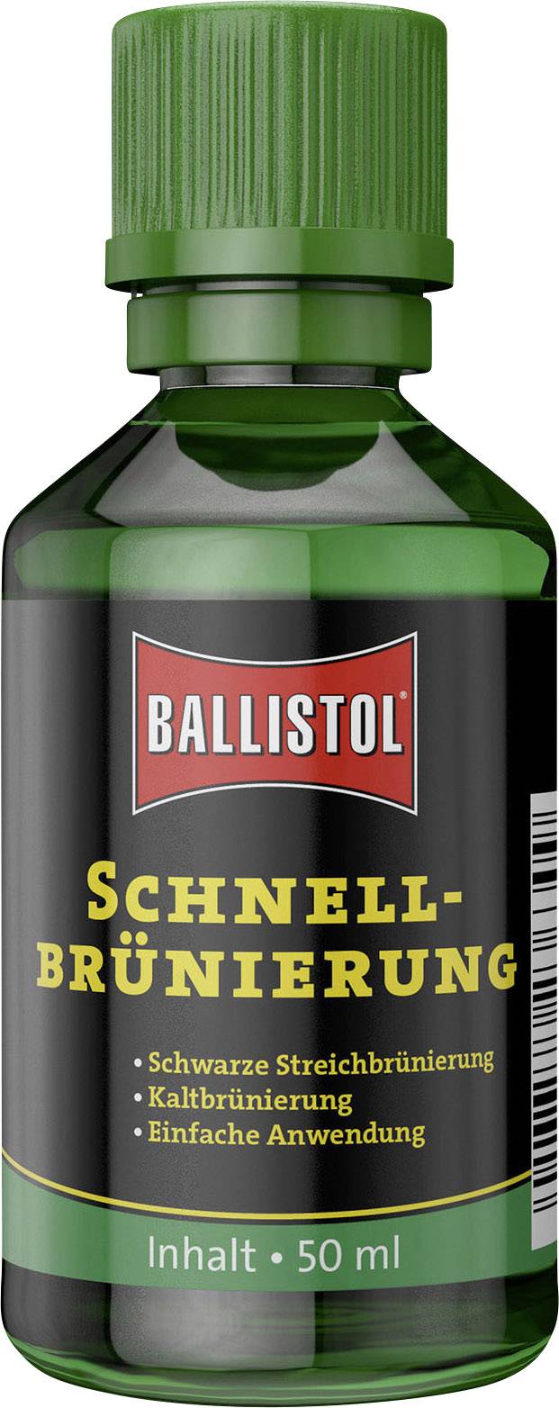 Bouteille verte avec étiquette 'Ballistol Brunissage Rapide'. Contient 50 ml. Pour brunissage noir par brunissage à froid, application simple.