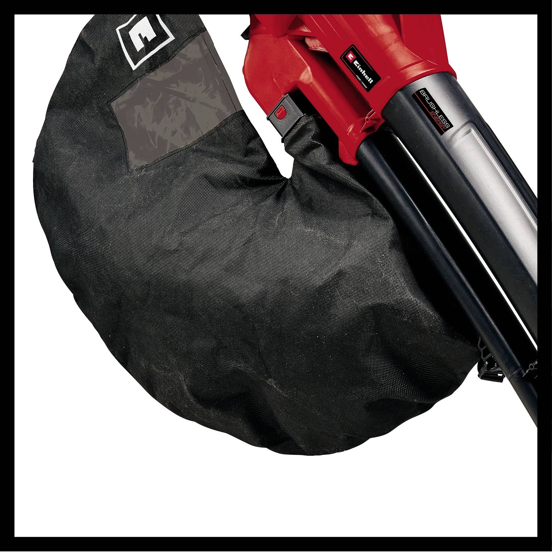 Aspirateur de feuilles Einhell avec boîtier rouge et sac de collecte noir, adapté pour aspirer les feuilles.