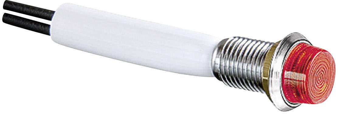 Un voyant LED rouge dans un boîtier cylindrique en métal avec deux fils de connexion noirs, probablement destiné à un montage sur panneau.