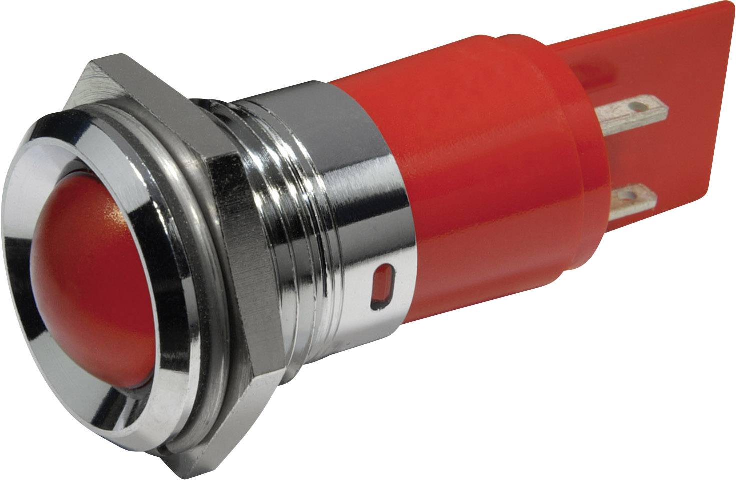 Bouton rouge, rond, avec monture métallique. Souvent utilisé comme bouton-poussoir ou interrupteur.