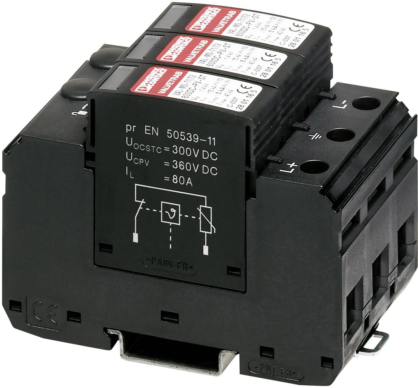 Appareil électrique noir avec étiquettes. Affiche un schéma de circuit et des données techniques : 300V CC, 360V CC, 80A.