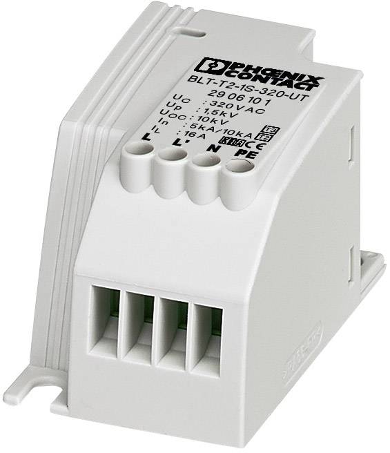 Un dispositif de protection contre les surtensions de Phoenix Contact, modèle BLT-T2-1S-320-UT, avec des connexions et des spécifications techniques sur le dessus.