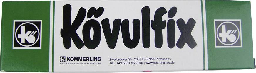 Tube de colle 'Kövulfix' de Kömmerling, emballage vert et blanc avec logo et coordonnées.
