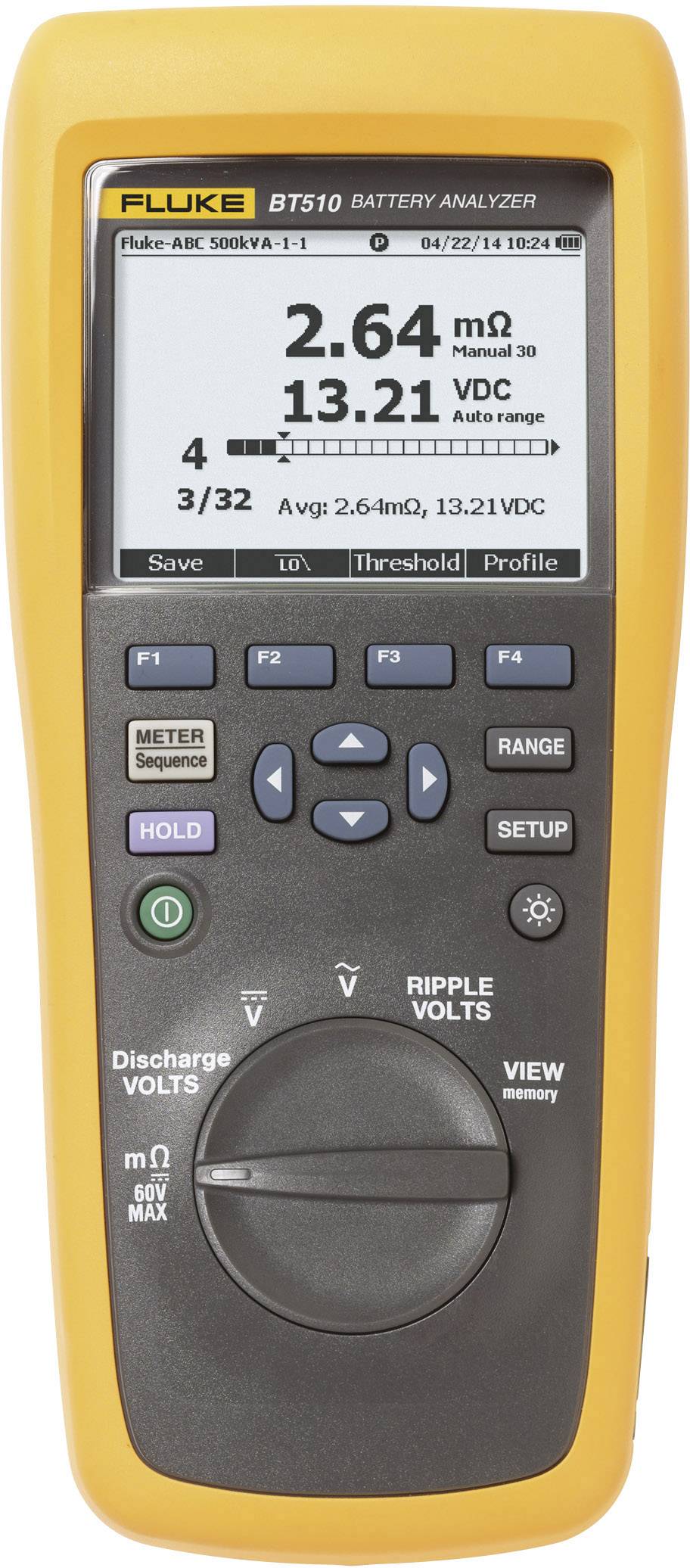 Analyseur de batterie Fluke BT510 avec affichage numérique indiquant une résistance de 2,64 mΩ et une tension de 13,21 VDC. Touches pour différentes fonctions.