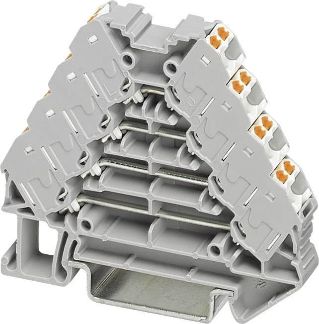 Un bloc de bornes modulaire gris multi-couches avec plusieurs emplacements. Des câbles peuvent être insérés pour établir des connexions électriques.