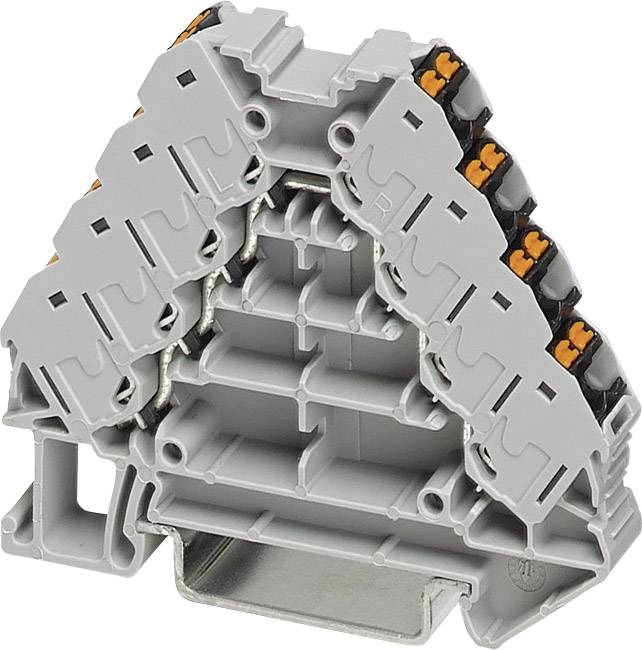 Connecteur électrique gris avec plusieurs bornes, adapté pour un montage sur rail DIN, montrant les connexions et la structure interne.