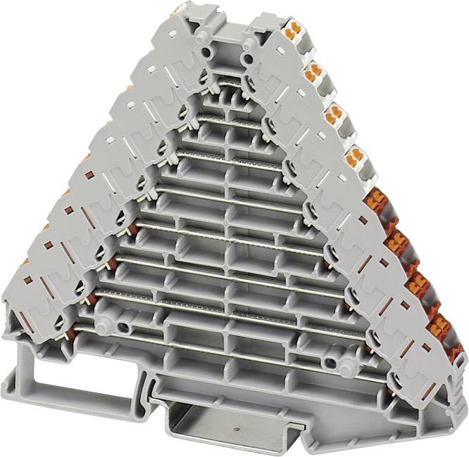 Bornes électriques en rangée, disposées en triangle, connectées par piles, de couleur grise avec des bornes oranges, adaptées au câblage.