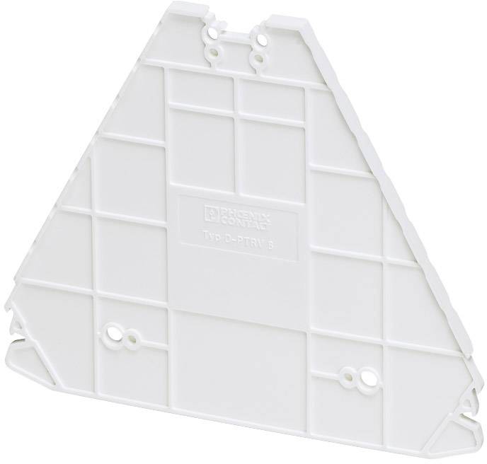 Capuchon de protection blanc en plastique de forme triangulaire, avec un motif quadrillé et une zone centrale pour le logo, pourvu de plusieurs trous de fixation.