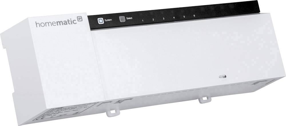 Centrale domotique 'Homematic IP' de couleur blanche, avec des voyants LED en haut indiquant différentes fonctions. Idéal pour l'automatisation de la maison.
