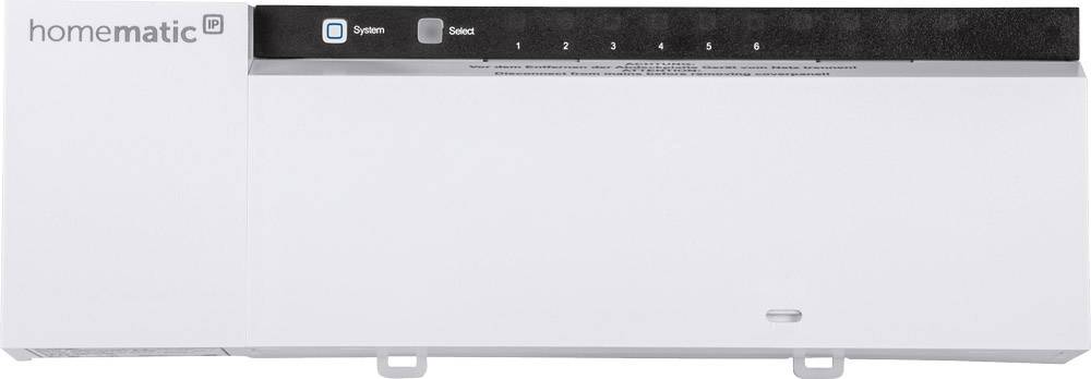 L'image présente un appareil Homematic IP domotique pour montage sur rail DIN, doté de plusieurs voyants LED et d'un bouton système.