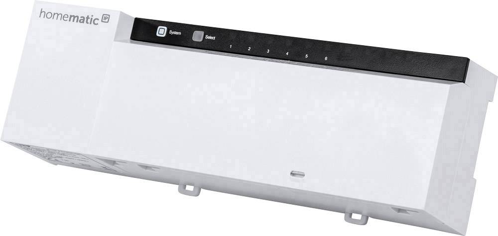 Appareil rectangulaire blanc avec le logo 'homematic' en haut à gauche, bande noire avec des voyants LED et des boutons de commande.