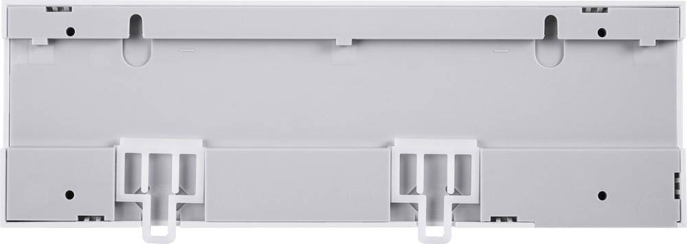 Un support rectangulaire en plastique gris avec plusieurs fentes et points de fixation. Adapté pour un montage mural ou une fixation.
