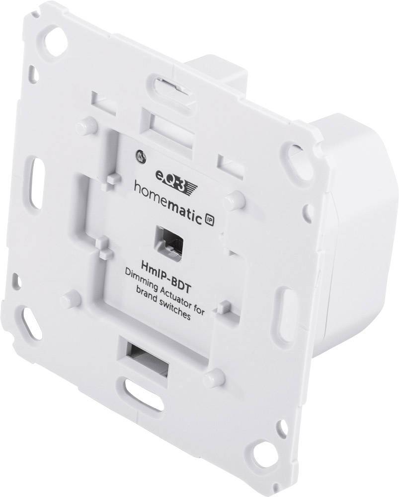 Dispositif carré blanc avec un creux central, portant l'inscription « HmIP-BDT Actionneur de variation pour interrupteurs de marque ».