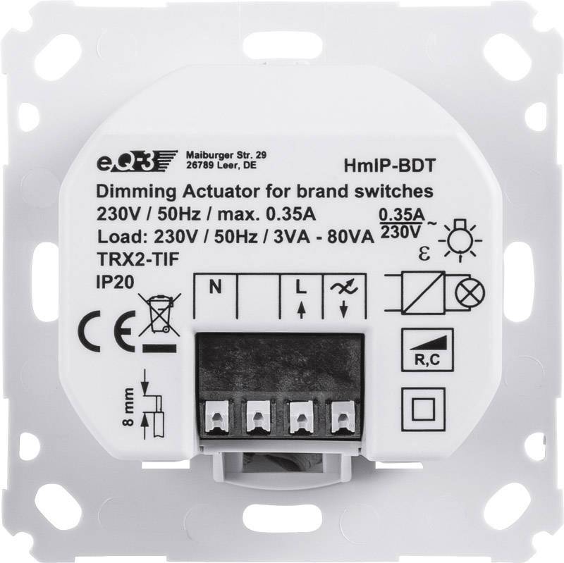 Actionneur variateur pour interrupteur de marque, 230V/50Hz, max. 0,35A. Bornes de raccordement et schéma de câblage illustrés.