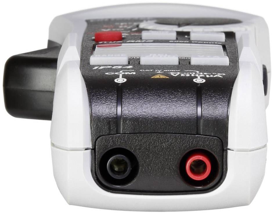 Multimètre numérique avec boîtier noir, bornes rouge et noire. Utilisé pour mesurer des valeurs électriques.