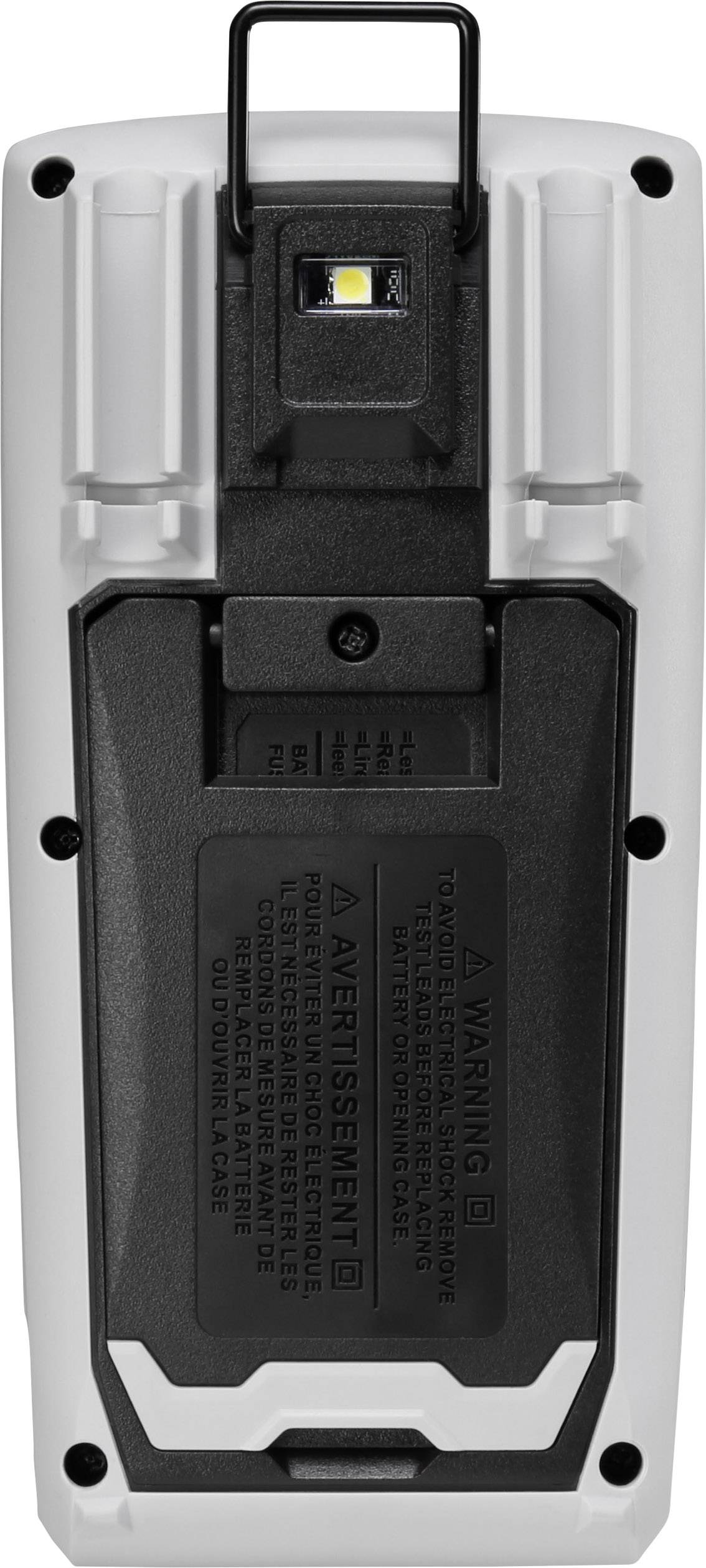 Un appareil portable rectangulaire avec une zone noire rectangulaire comprenant un voyant LED. Des avertissements sont imprimés dessus.