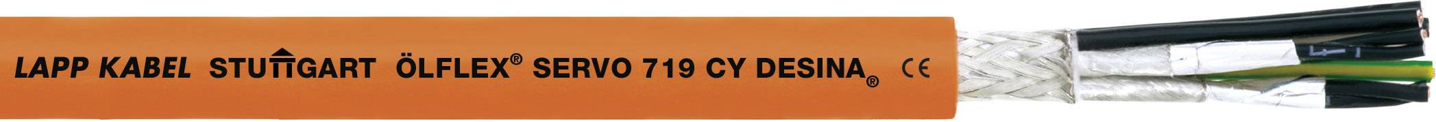 Câble orange blindé portant l'inscription : LAPP KABEL STUTTGART ÖLFLEX SERVO 7 16 CW DESINA CE et avec des brins individuellement dénudés.