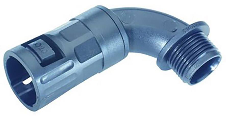 Adaptateur d'angle en plastique bleu à 90 degrés, avec un côté lisse et un côté cannelé. Utilisé pour les raccordements de tuyaux.