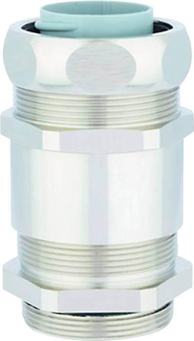 Presse-étoupe métallique avec écrous hexagonaux et un élément en plastique bleu sur le dessus. Utilisé pour des connexions de câbles sécurisées.