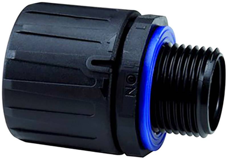 Un adaptateur en plastique noir avec un joint torique bleu et un côté fileté, probablement utilisé pour raccorder des tuyaux ou des tubes.