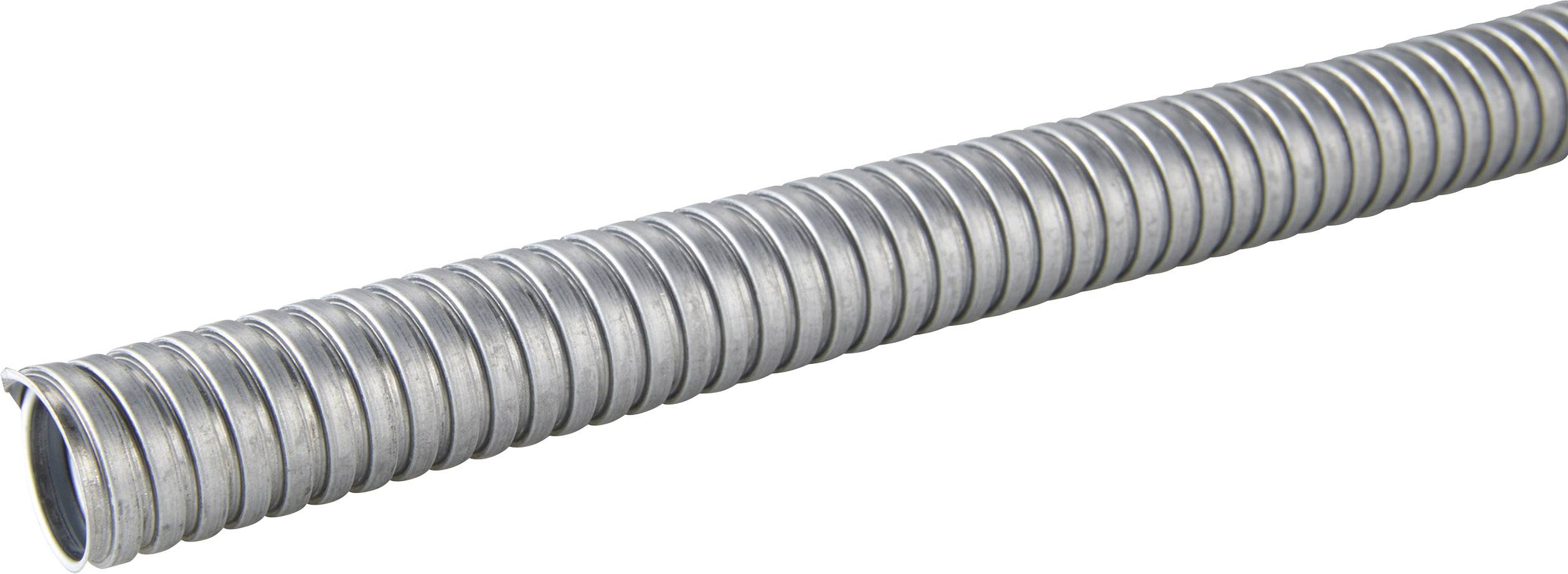 Un long tuyau flexible en métal ondulé, probablement utilisé comme protection ou conduit pour des câbles.