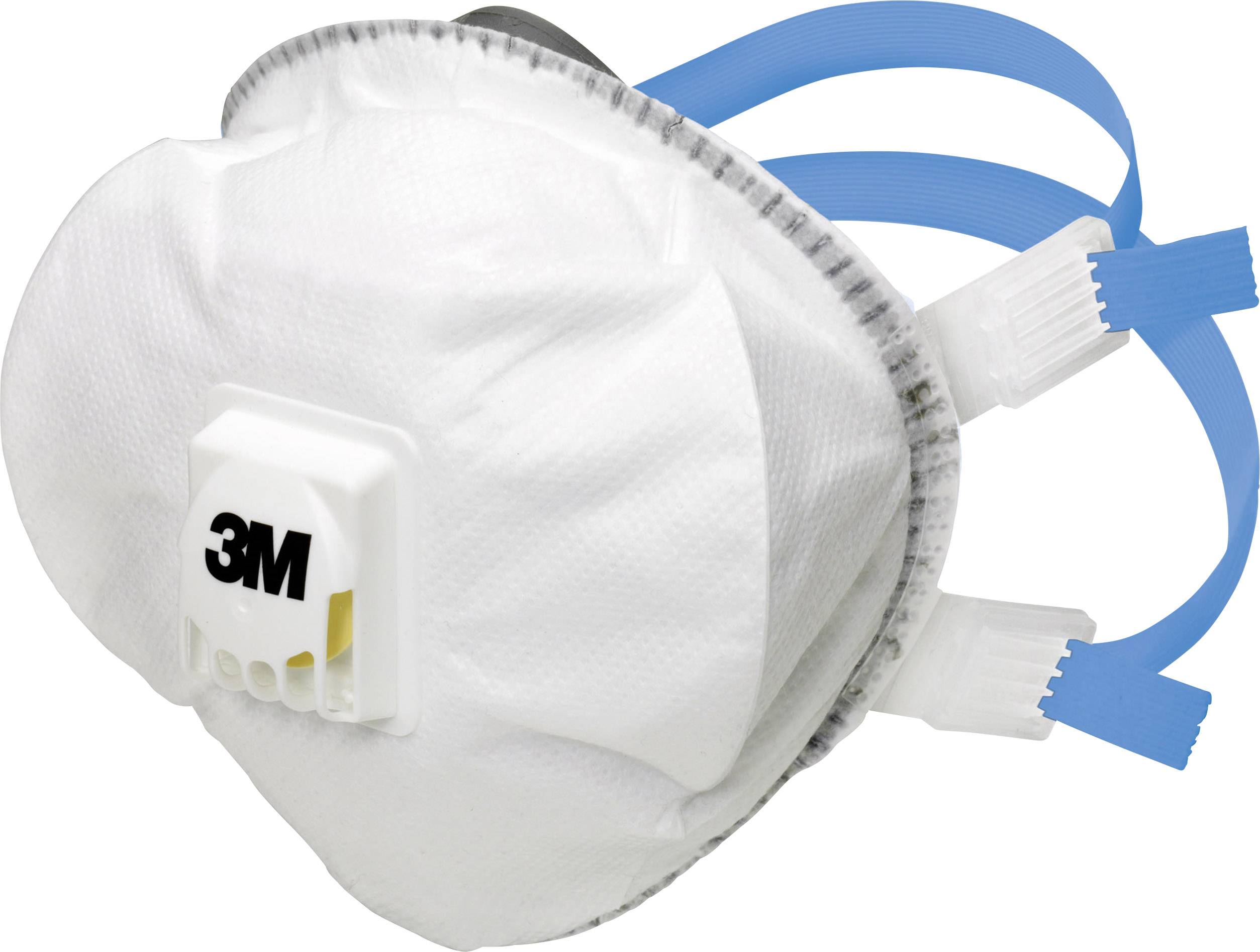 Masque de protection respiratoire avec des bandes élastiques bleues et le logo '3M' sur l'avant.