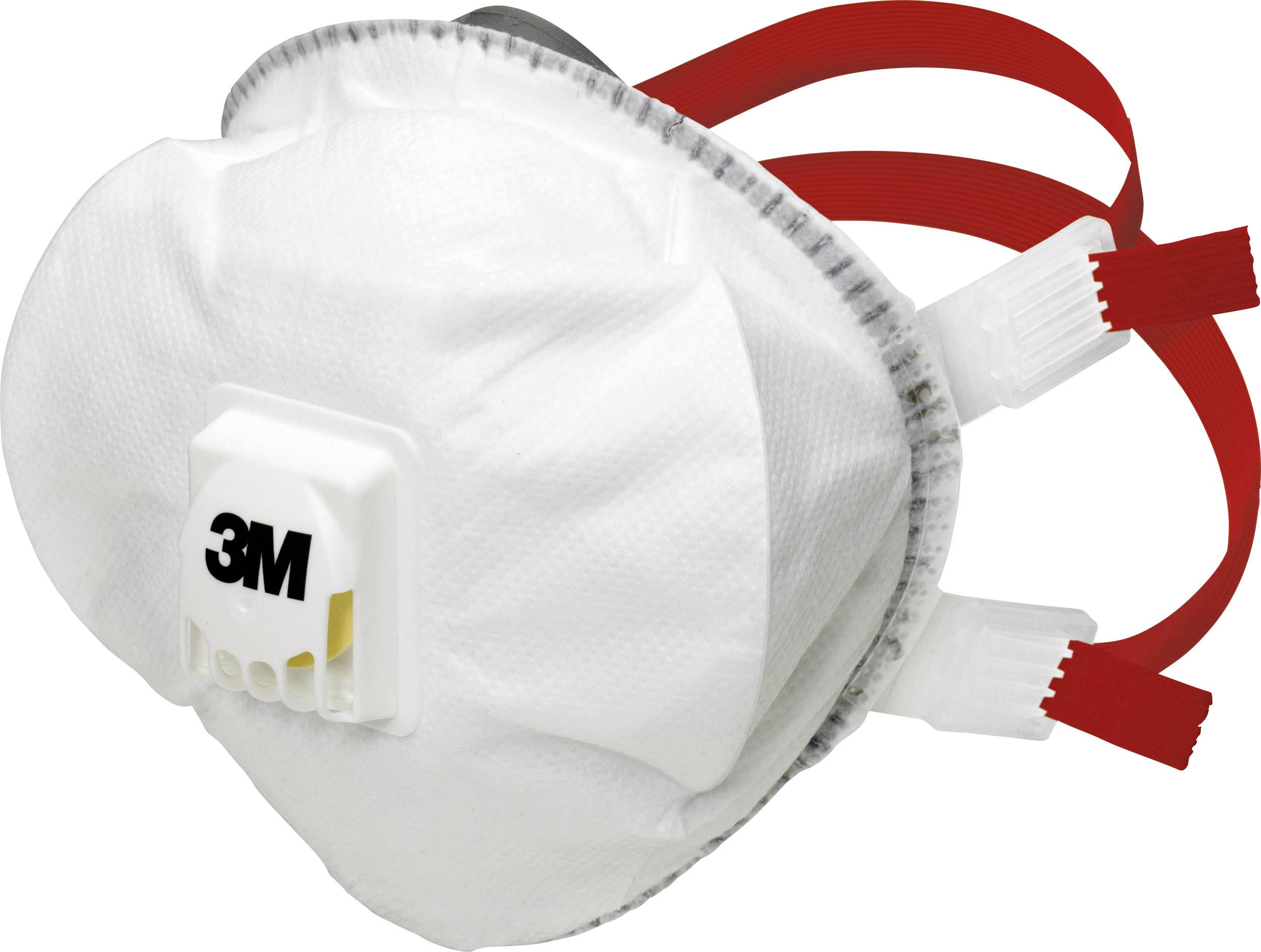 Masque de protection respiratoire avec des rubans rouges et une valve, adapté pour se protéger contre la poussière et les particules.