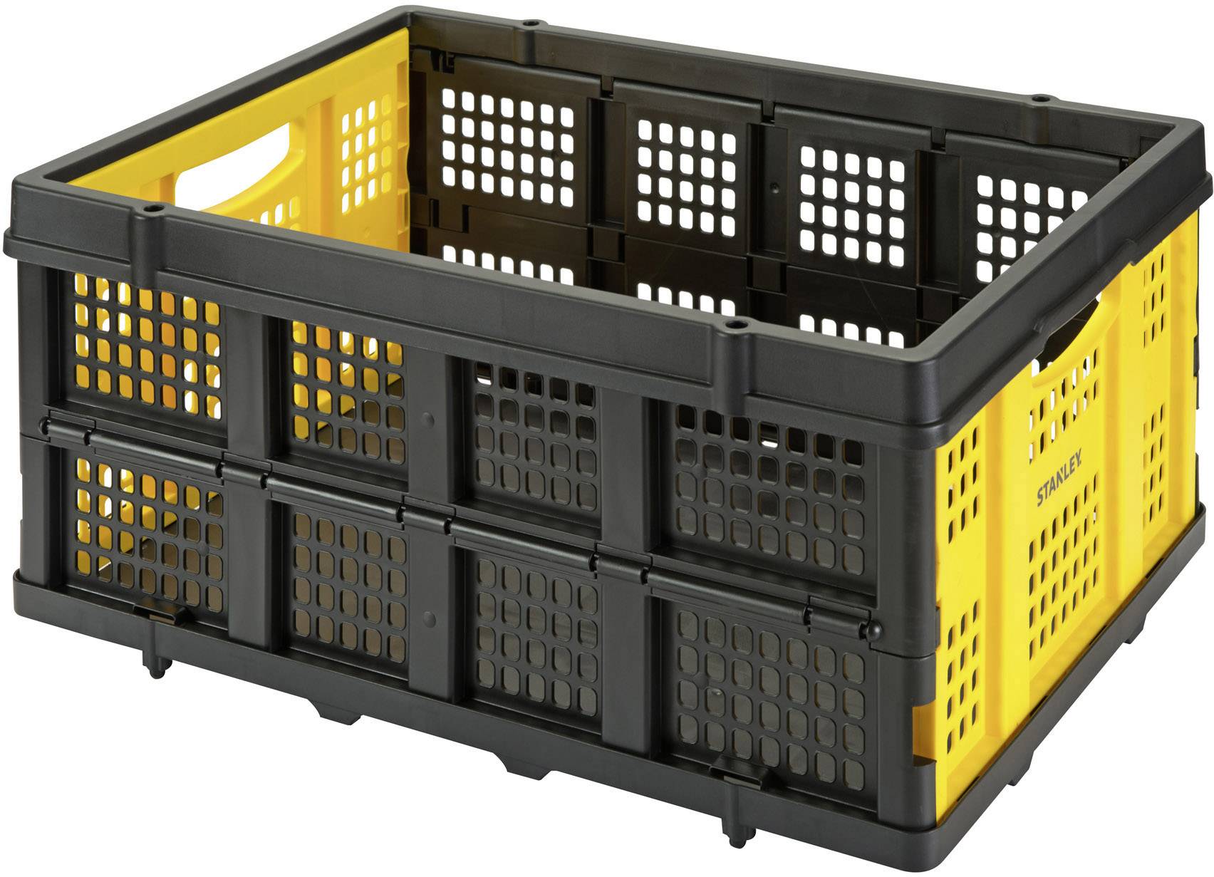 Kunststoffbox in Gelb und Schwarz mit seitlichen Grifföffnungen und Lüftungslöchern, stapelbar, zur Aufbewahrung oder Transport.