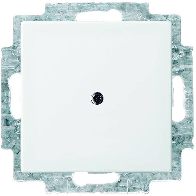 Illustration d'un interrupteur carré blanc avec un bord métallique et un point noir central.