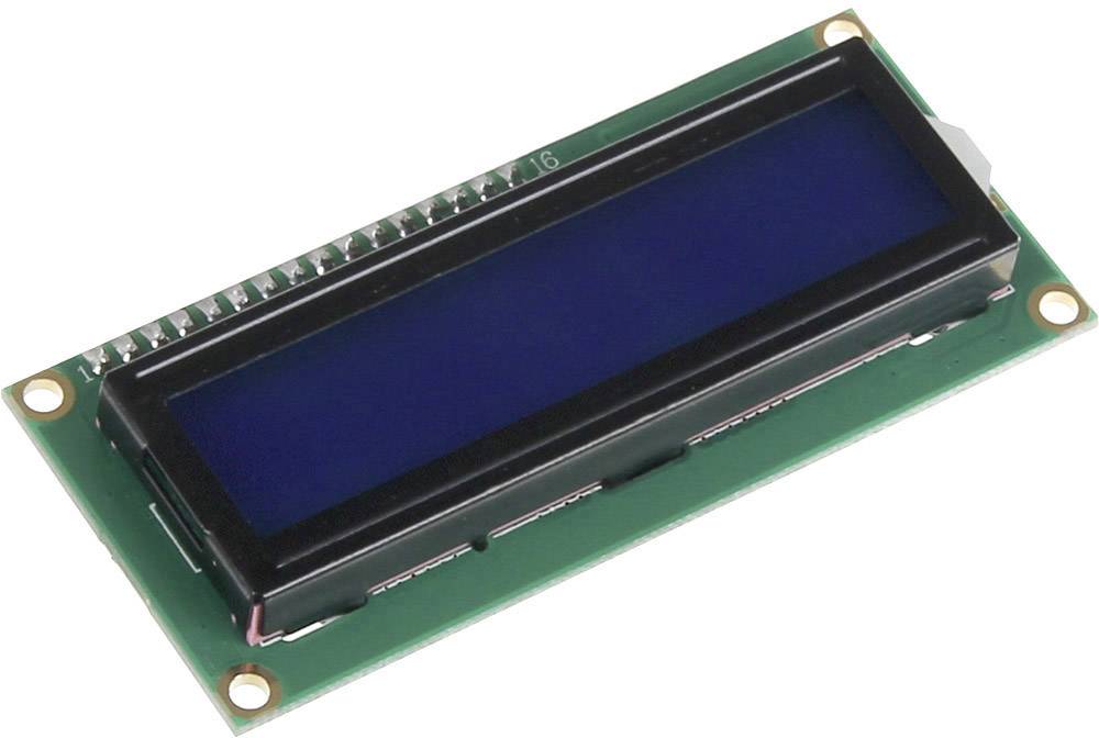 Un module LCD bleu avec des pixels noirs sur un circuit imprimé vert. Il est souvent utilisé dans les projets électroniques pour afficher du texte.