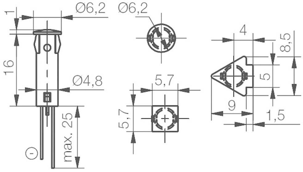 Dessin technique d'un composant électrique avec des cotes en millimètres. Présente les vues de face, de côté et de dessus du composant.