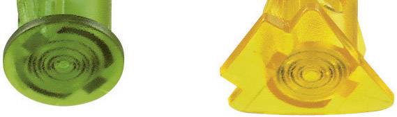 Un cercle vert et un triangle jaune, tous deux portant des cercles concentriques sur leur surface, côte à côte sur un fond blanc.