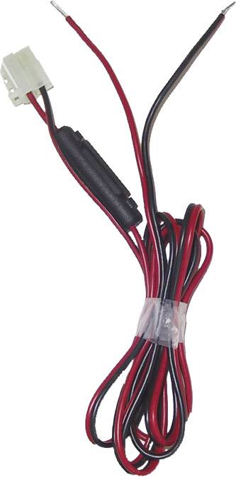 Faisceau de câbles rouge et noir avec fiche et gaine thermorétractable, plié et fixé avec un serre-câble.