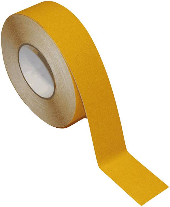 Rouleau de ruban adhésif jaune, partiellement déroulé.