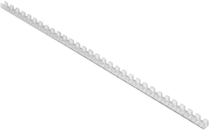 Dos de reliure en plastique, transparents, avec plusieurs dents le long du bord, utilisés pour relier des documents papier.
