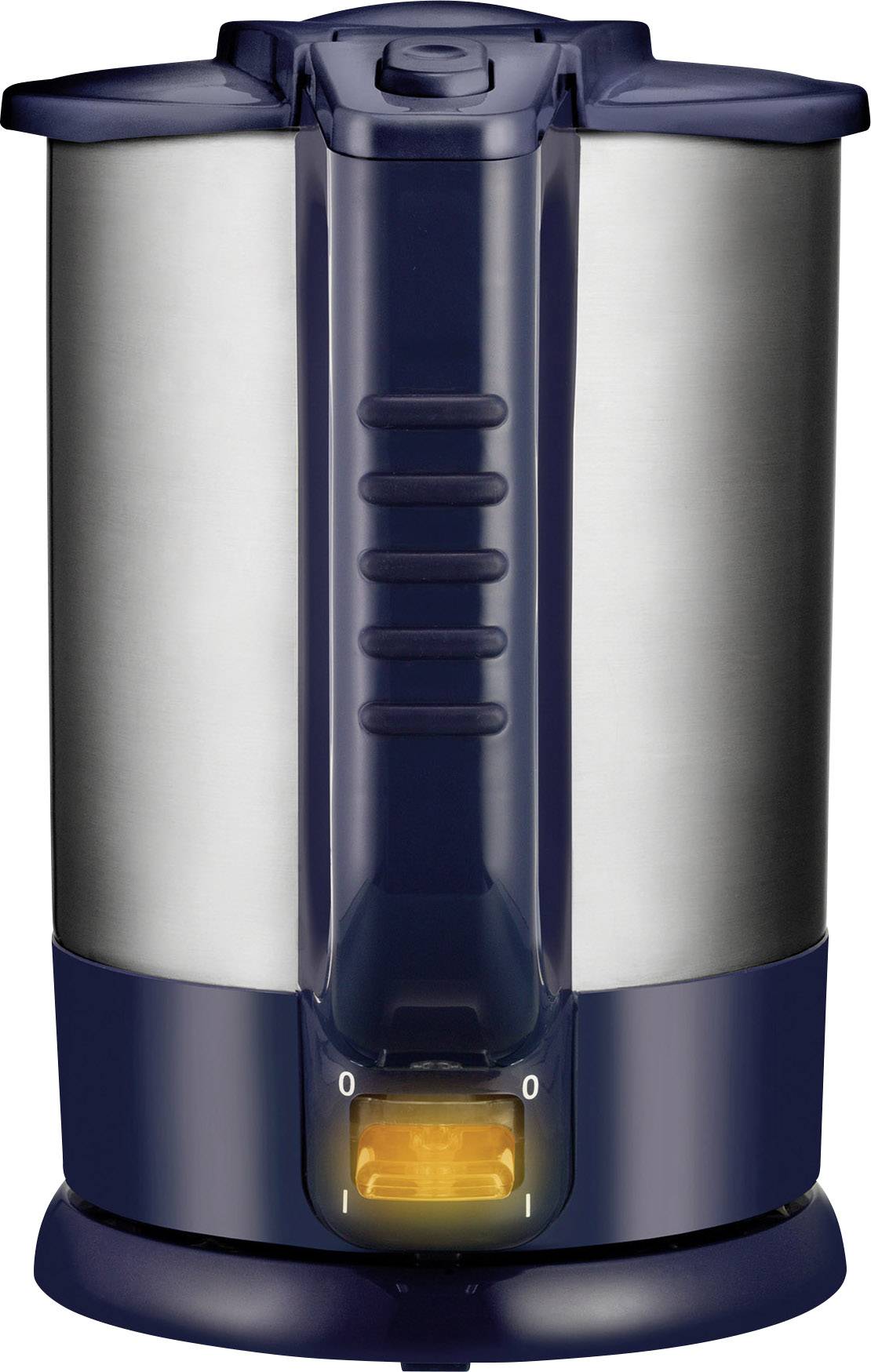 Bouilloire électrique en acier inoxydable avec poignée noire et base bleue. Le devant présente un témoin lumineux et un interrupteur marche/arrêt.