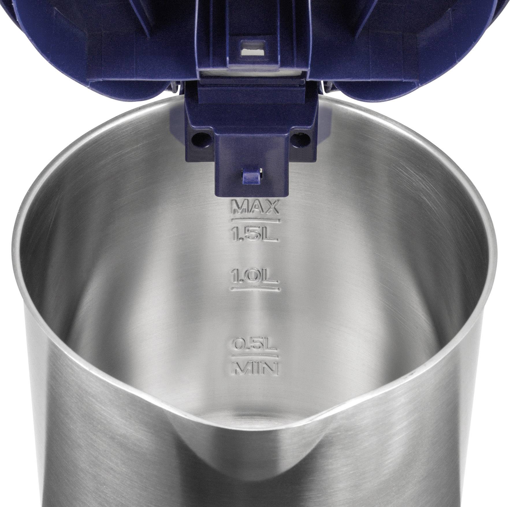 Vue intérieure d'une bouilloire électrique, montrant des repères de niveau d'eau : 0,5 L Min, 1,0 L, 1,5 L Max. Récipient en métal argenté.