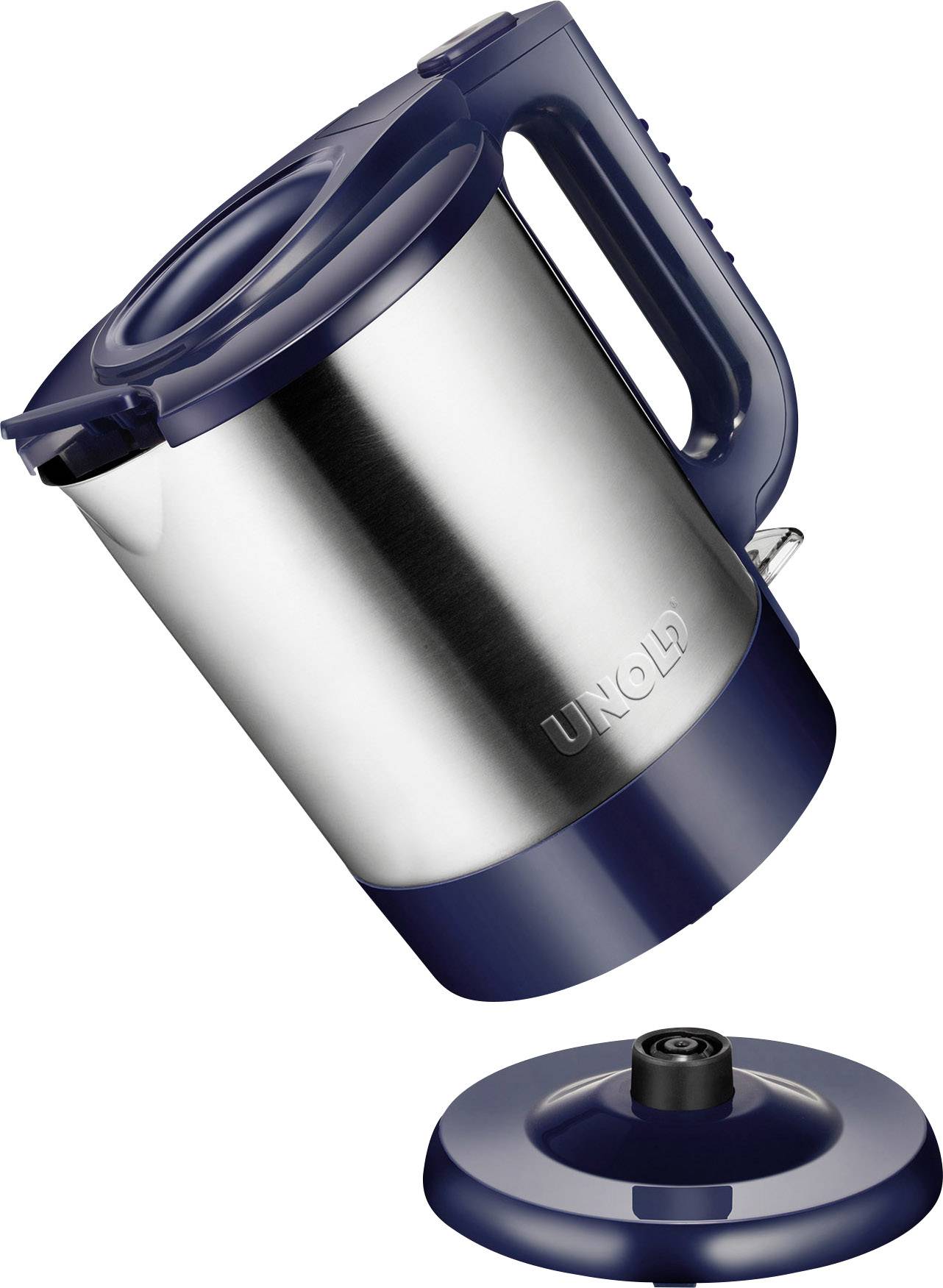 Une bouilloire en argent et bleu avec son couvercle retiré. Nom de la marque gravé sur le côté.