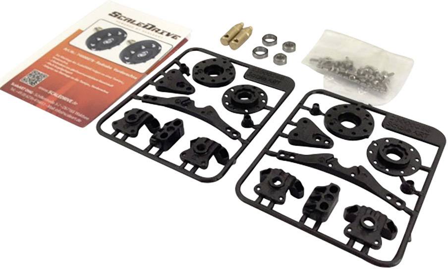 Kit de modélisme comprenant des pièces en plastique noir, des vis, des écrous et un manuel d'instructions. Contient des composants mécaniques pour une construction.