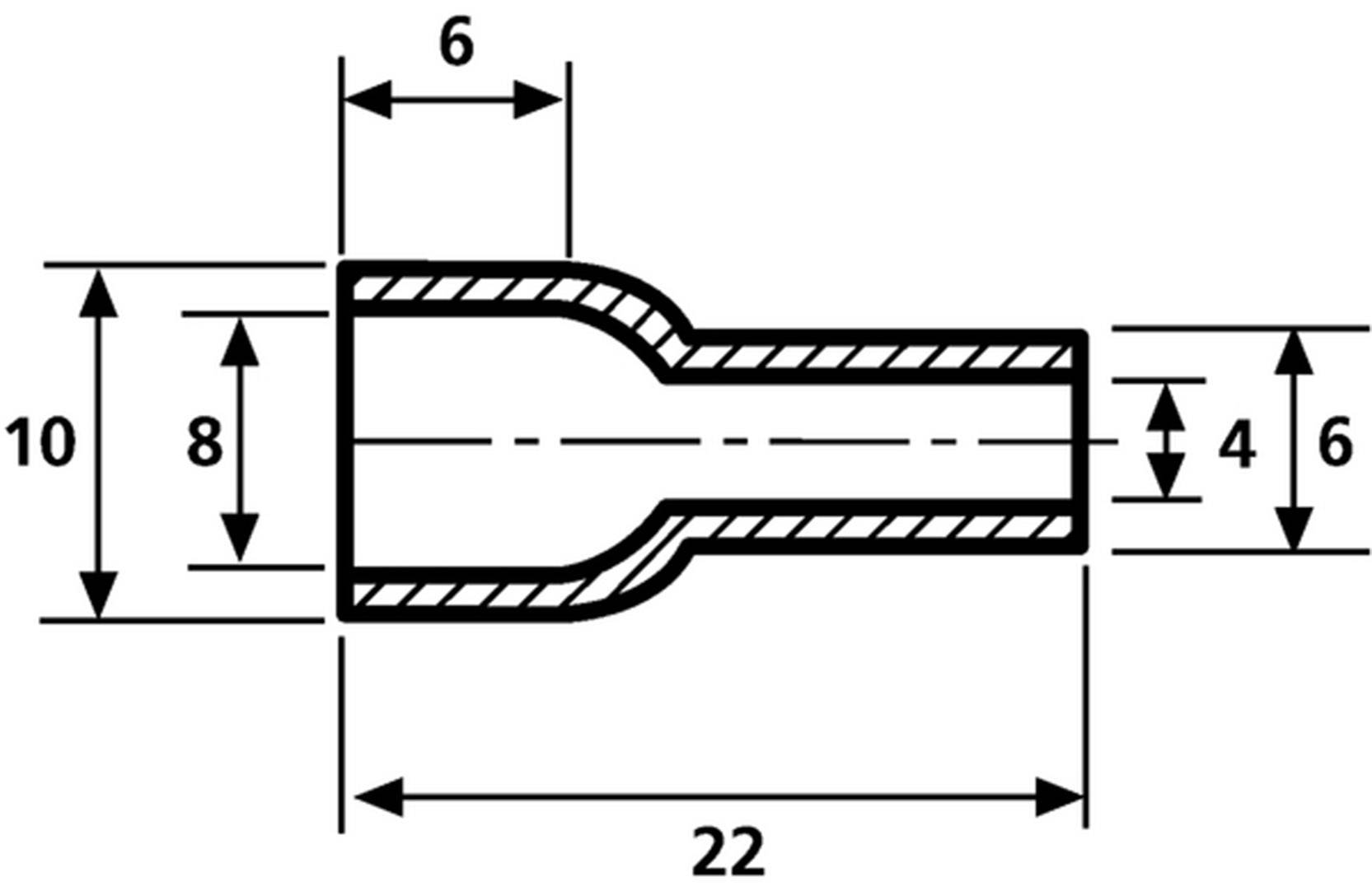Dessin technique d'un tube avec dimensions : longueur 22, largeur 10, diamètre à une extrémité 6, se rétrécissant à 4 au centre.
