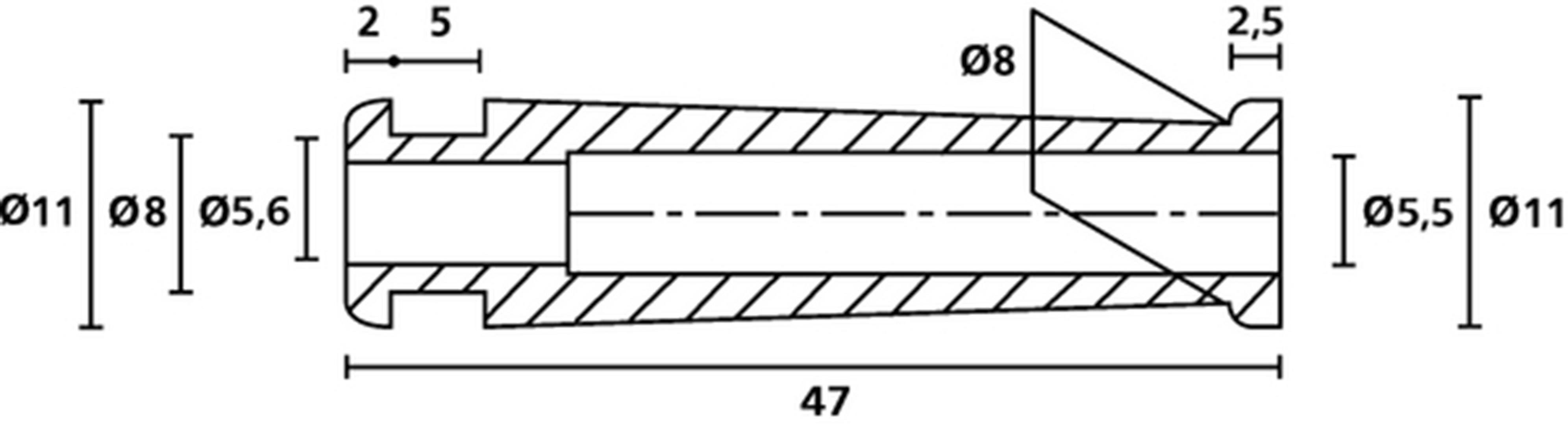 Dessin technique d'une douille conique avec indication des dimensions : diamètre variant de 8 mm à 11 mm, longueur totale 47 mm.