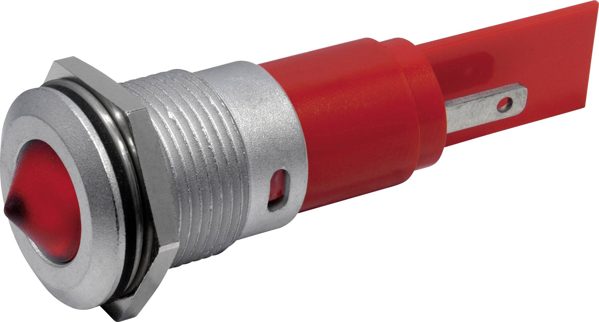 Un bouton-poussoir rouge et rond, avec un boîtier métallique et des connexions à fiches, est posé en biais sur le côté.